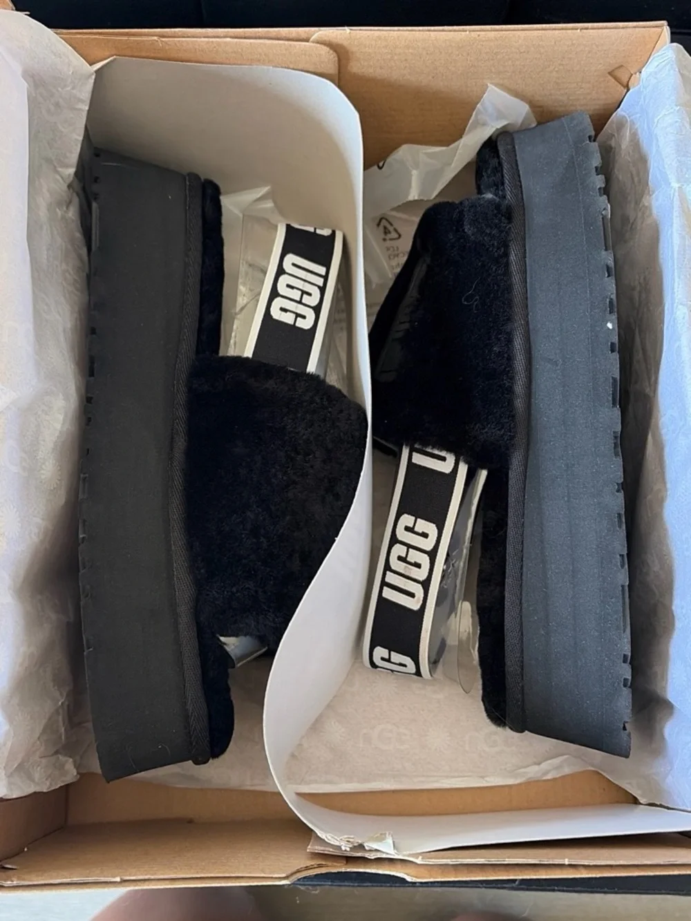 UGG Black Platform Fluff Slide Sandals with Branded Strap
